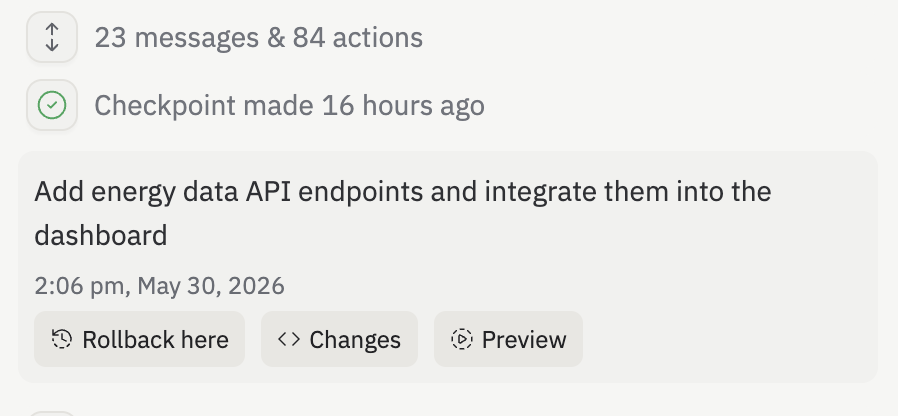 Replit Agent checkpoint card showing message and action counts with Rollback here, Changes, and Preview