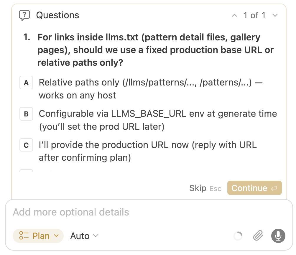 Cursor Plan mode asking multiple-choice clarifying questions before drafting a plan