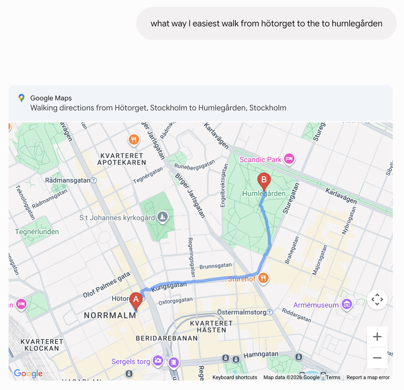 Gemini showing an embedded Google Maps walking directions card in the chat