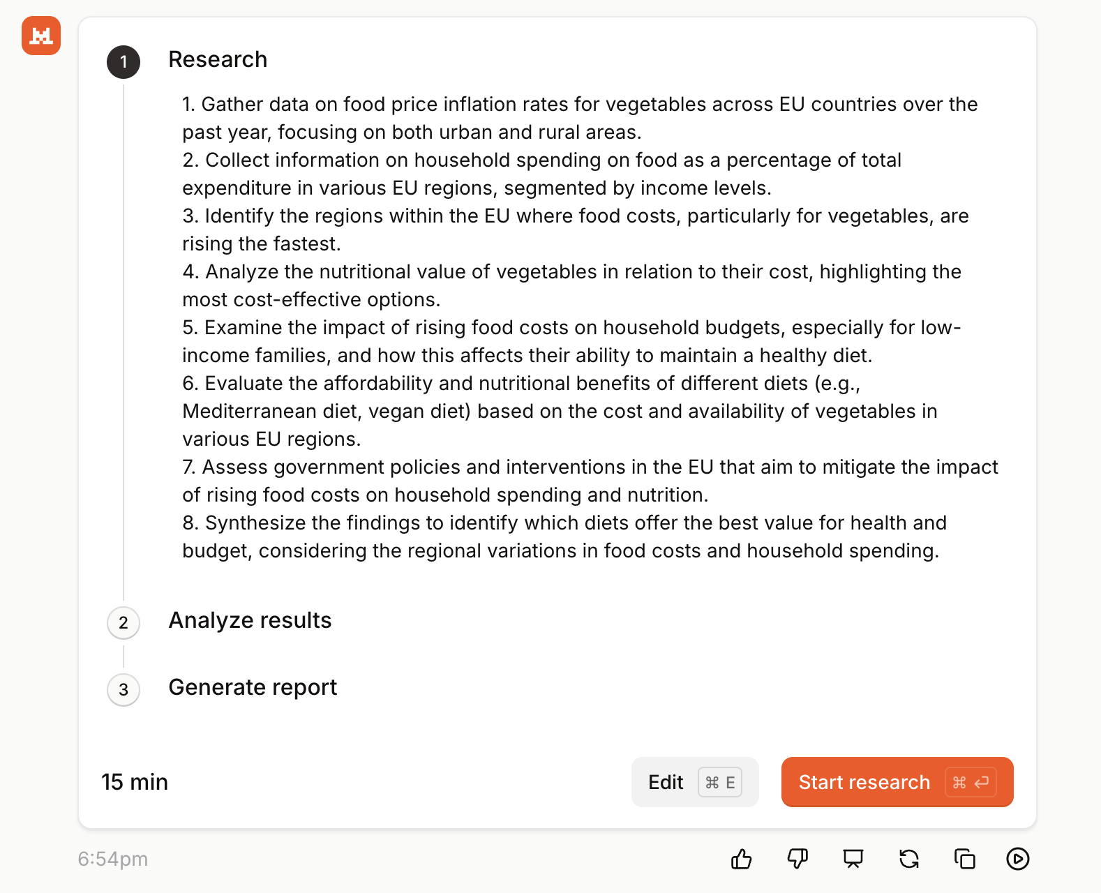 Le Chat showing a numbered research plan with Edit and Start research before the run