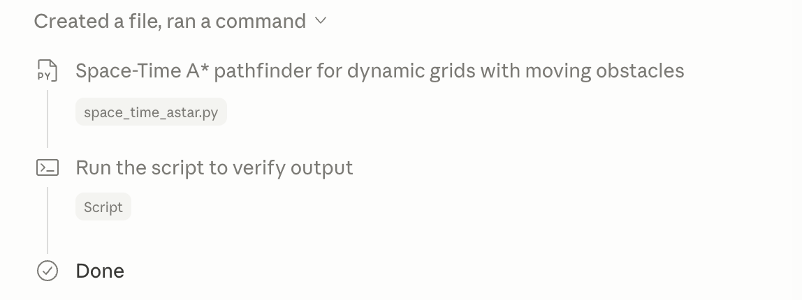 Claude Code collapsible ledger showing file creation and script execution steps ending in Done