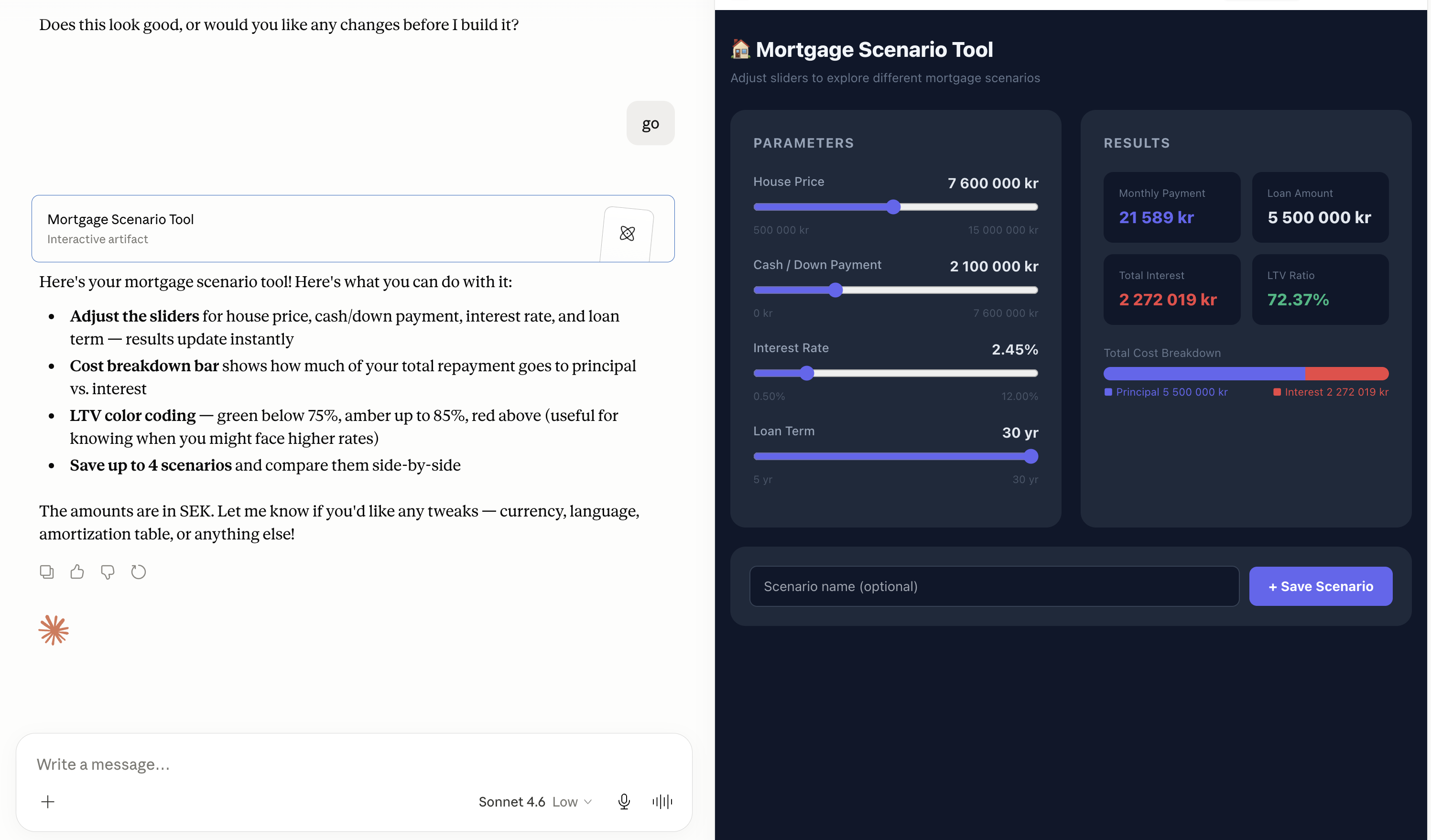 Claude split view with built Mortgage Scenario Tool artifact in the preview pane